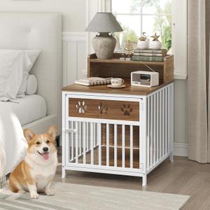 YATINEY Dog Crate Furniture for Small Dogs, Wooden Dog Kennel, Indoor Pet Crate End Table, Two-Tier Small Pet Crate, for Living Room, Bedroom, White and Walnut DC01WH, 19.7" x 22.6" x 25.6"
