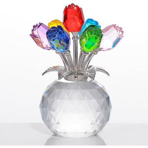 Colorful Rose Flower Crystal Figurine with Vase, Bouquet Flowers Ornament Gifts for Wife Girlfriend Women, Handmade Crystal Flower Collectible Home Table Decor ​for Valentine's Day Wedding Anniversary