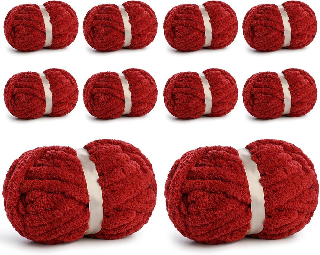 10 Pack Jumbo Chenille Yarn for Crocheting, #10 Super Bulky Baby Soft Yarn for Hand Knitting, 220 yds /70.5 oz Fluffy Chunky Knit Throw Blanket Yarn (Burgundy)