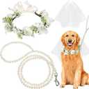 Dog Wedding Flower Collar with Pearls Leash and Veil Set, Handmade Floral dog wedding collar and dog wedding outfit, Adjustable Wreath & Beaded Leash, Perfect Pet Wedding Prop