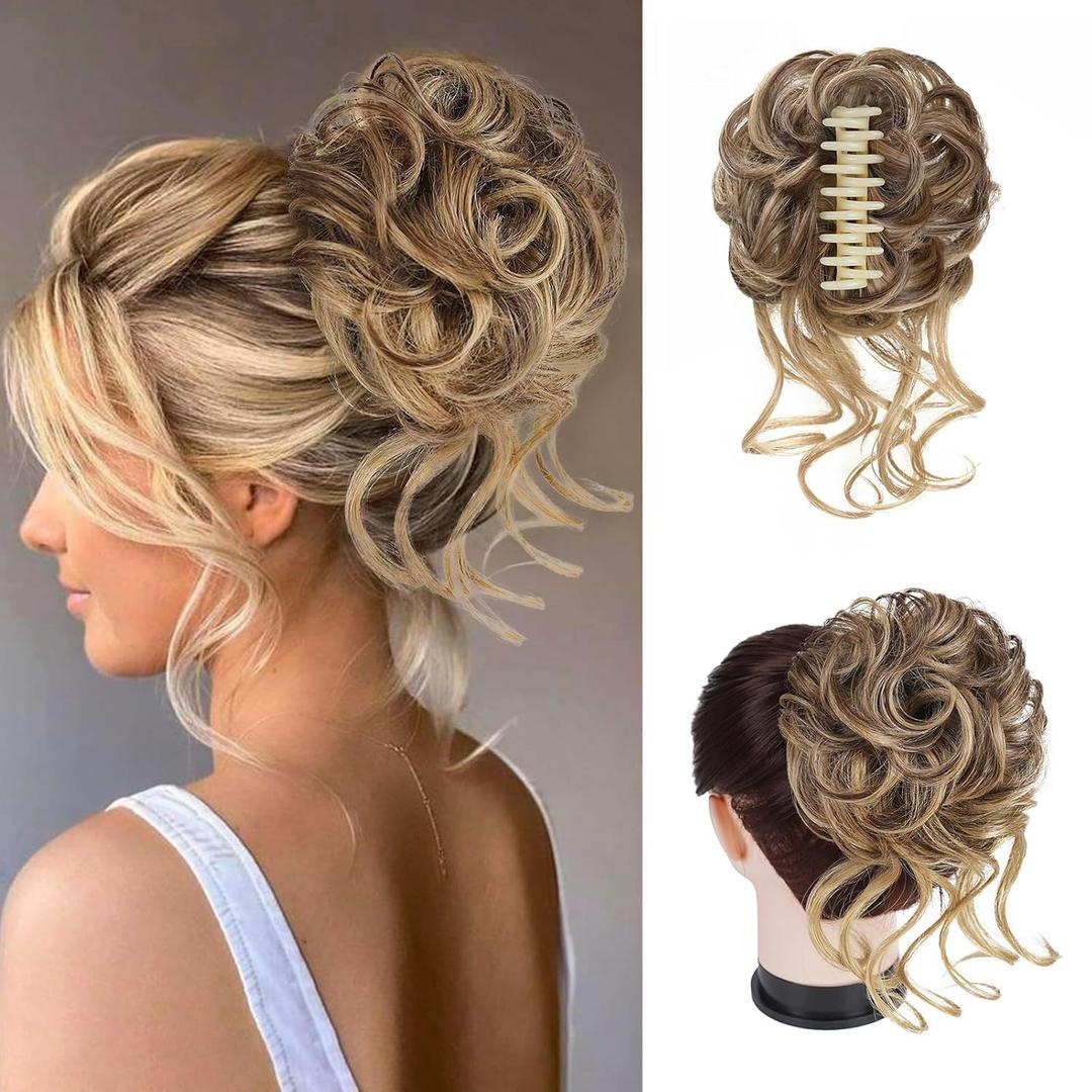 Messy Buns Hair Pieces for Womem Fake Hair Bun Extensions Clip in Ponytail Natural Hair Extensions Hairpieces for Womens (Brown mix Natural Blonde)