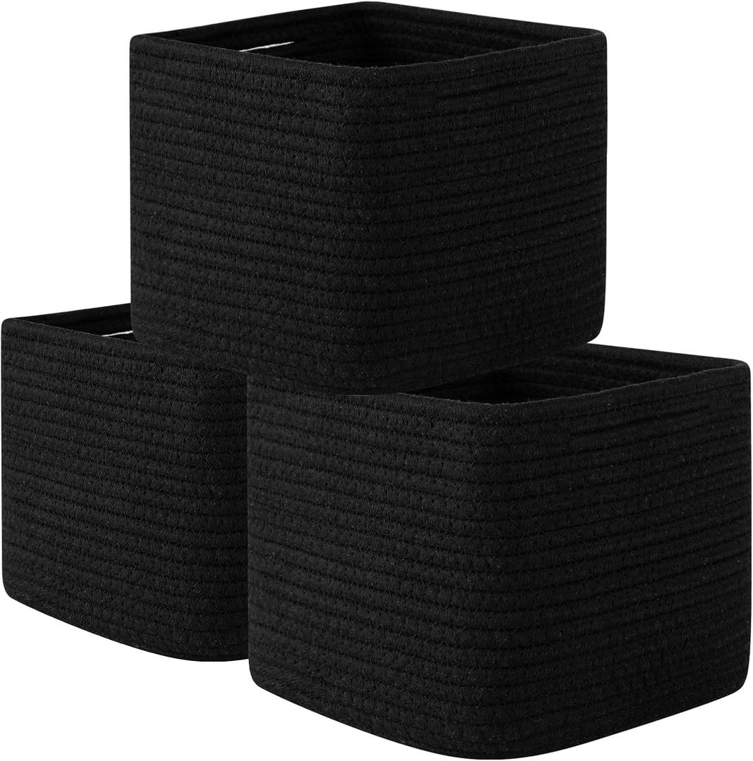 OIAHOMY 9x9x7 Storage Cubes, Cotton Rope Woven Baskets for Organizing, Cube Storage Bin, Small Gift Basket for Shelf, 3-Pack, Black