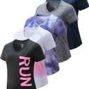 5 Pack: Women's Dry Fit Short Sleeve T Shirts, Athletic Workout Tee Tops for Gym Yoga Running (Large, Navy/Black/Dark Gray/Printed/White Gradient)