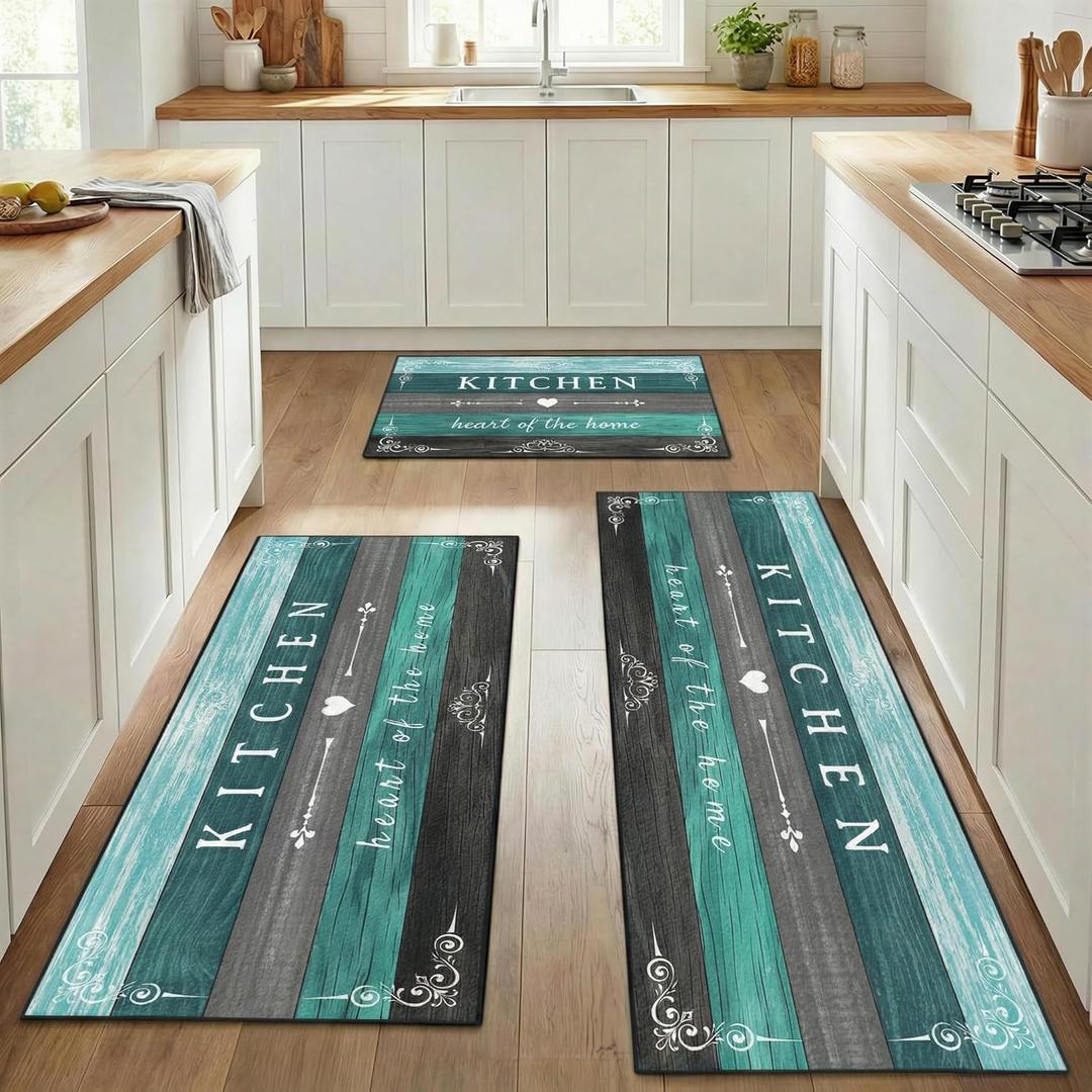 Turquoise Teal Grey Kitchen Rugs Sets of 3, Non Slip Washable Farmhouse Kitchen Mats for Floor, Wooden Vintage Rustic Area Runner Rug for Laundry Room and Hallway