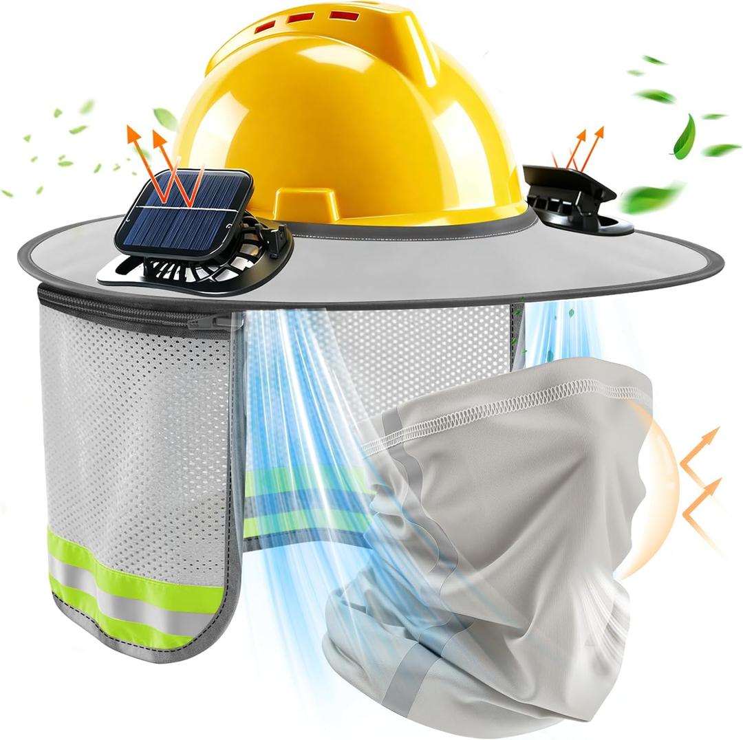 1 Set Hard Hat Sun Shade with Dual Solar Fan, Detachable Hard Hat Visor Full Brim with Neck Protection, High Visibility Mesh Hardhat Sun Shield Reflective Strip for Construction Workers (Light Grey)