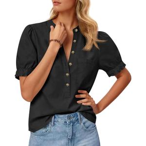 Cicy Bell Womens Puff Sleeve Tops Button Down Shirts Summer Casual Collared V Neck Cotton Blouse (Black, M)