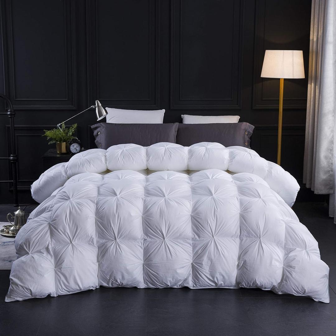 Three Geese Pinch Pleat Waterfowl Feathers Down Comforter King Size Duvet Insert, 1200TC 100% Cotton Fabric, Premium All Seasons White Hotel Warm Comforter with 8 Tabs. (White Twisted Flower)