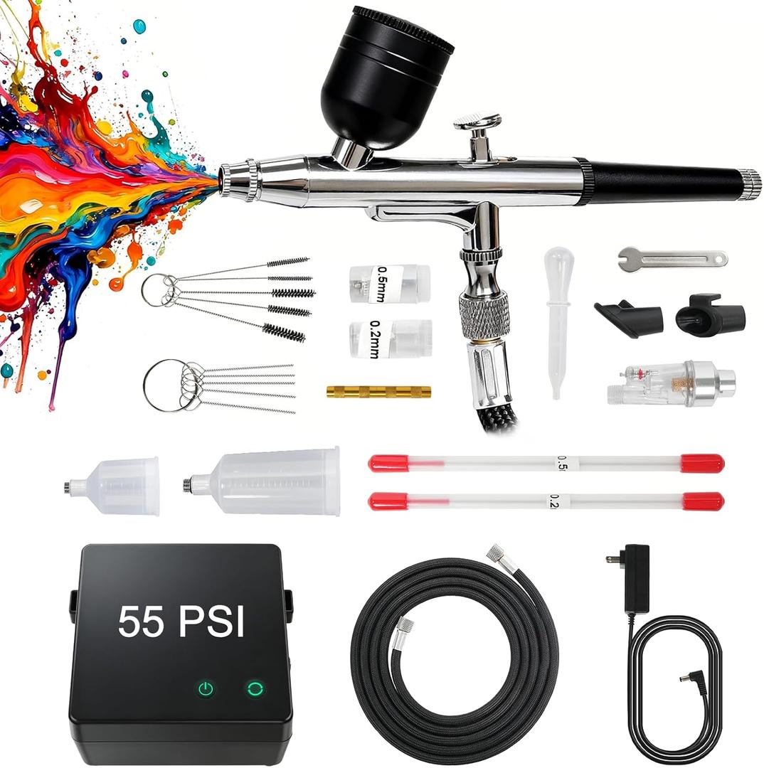 Haoguo Airbrush Kit with Air Compressor, 55 PSI Dual-Action Portable Airbrush, 0.2/0.3/0.5mm Nozzles, 3-Level Airflow Adjustment (14–20 L/min), for Model Painting, Nail Art, DIY Crafts