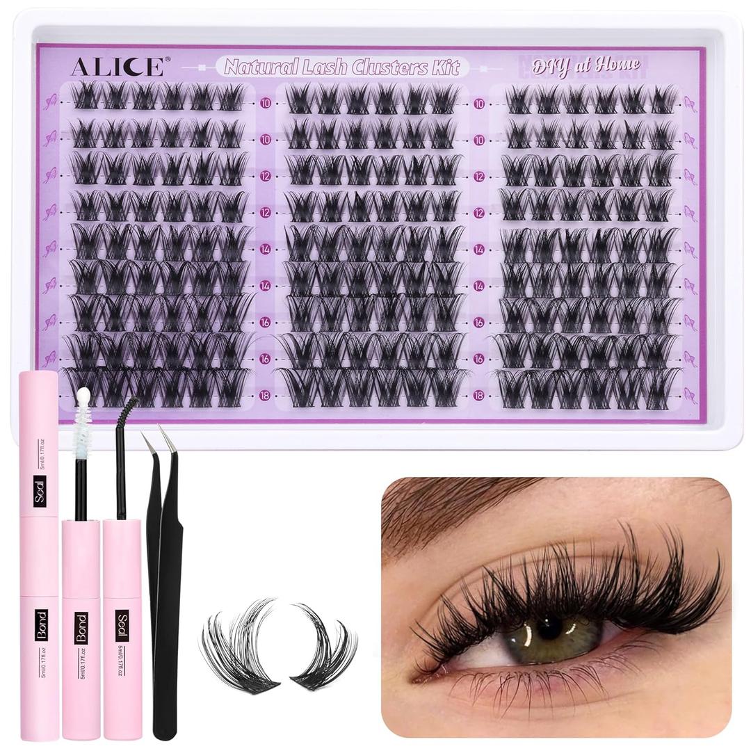 ALICE Wispy Lash Clusters Kit Natural Fluffy Lash Extension Kit Cluster Eyelash Extension Kit 162pcs C Curl 10-18mm Eyelash Clusters with Lash Glue Bond and Seal Lash Tweezers