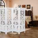 Room Divider Wood Screen Panel White, 4-Panel Folding 64"x54", Hand-Carved, Reversible Privacy Partition, Decorative & Functional Portable Room Divider for Home or Office