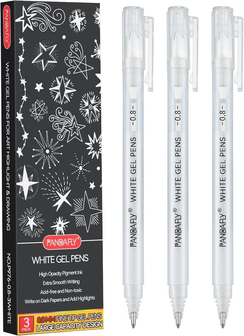 5 x PANDAFLY White Gel Pens, 0.8mm Extra Fine Point Opaque Archival Ink Pen for Journaling, Art, or Drawing - For Artist Gifts, Holiday Gifts & DIY Projects, 3 Pack