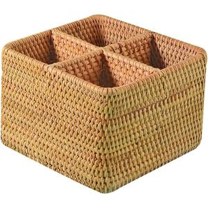 i-lan Natural Rattan 4 Compartments Cooking Utensil Silverware Organizer Holder Cosmetics Storage Box Cutlery Caddy Flatware Serving Basket (180mm 4-Compartment Box)