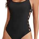 Tempt Me Women One Piece Bathing Suit Slimming Crisscross Lace Up Sexy Swimsuits (Small, Black)