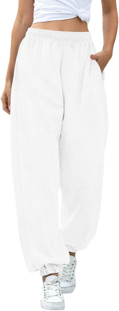HeSaYep Women's High Waisted Sweatpants Workout Active Joggers Pants Baggy Lounge Bottoms (White), S