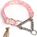 Stainless Steel Chain Martingale Collar for Dogs, No Pull Slip Cinch Choker Choke Collar Training Escape Proof Heavy Duty Dog Collar for Small Medium Large Pet Girl Female Dogs, Pink Daisy M (M(Neck15-20"))