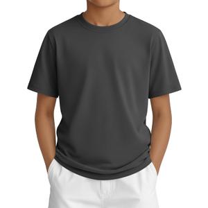 Boys Short Sleeve Crew Neck Shirt | 5-16 Y, Soft Fabric, Loose Fit, Crew Neck, Short Sleeves, Solid Color, Summer School And Daily Wear (Gray)