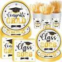 Funnymoom 400 Pcs Graduation Party Supplies Class of 2026 Graduation Paper Plate Napkin Cup Cutlery Congrats Grad Disposable Tableware Set for Grad Party Decorations, Serve 50 (Gold, Black)