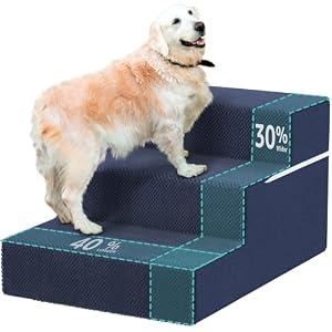 YENING Large Dog Stairs for High Beds - Extra Wide Pet Steps for Large Dogs to Get on Tall Bed 3 Deep Step Cat Ramp for Couch Navy Blue