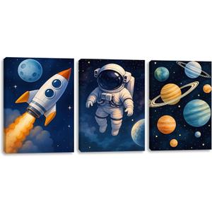 Pormipone Space Wall Art 3 Panel Canvas 16x24 inch Rocket Astronaut Planet, Size: 24"L x 16"W