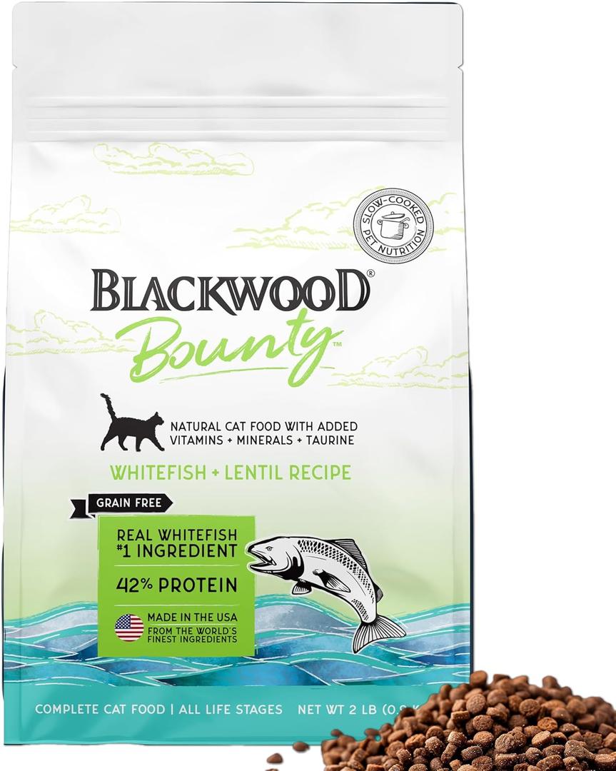 Blackwood Bounty Dry Cat Food, Whitefish & Lentil Recipe for All Life Stages, 2 Pound Bag, High Protein, Grain Free, BB 22 OCT 25