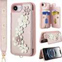 Compatible with iPhone 17e/16e Wallet Case with Card Holder for Women, Kickstand, Wrist Strap Flower Leather Flip Cover Designed for iPhone 17e 2026 / 16e 2025 6.1", Rose Gold