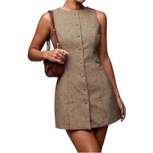 SOLY HUX Women's Plaid Button Down Dress Crew Neck Sleeveless Tie Back Work Office Mini Dresses (Medium)