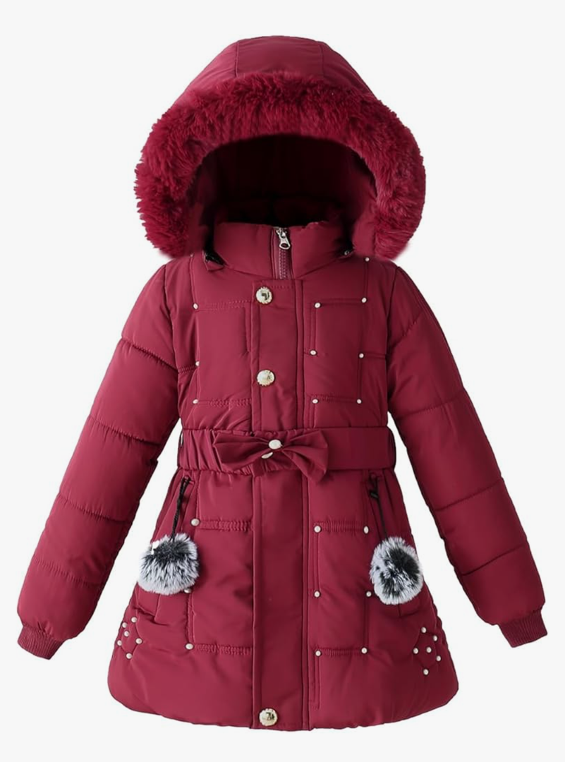 Girls Winter Dress Coats Faux Fur Hooded Fleece Jackets Waterproof Parka Outwear, Size 130