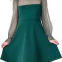 Girl's Contrast Mesh Puff Long Sleeve High Waist A Line Green,5-6 Years
