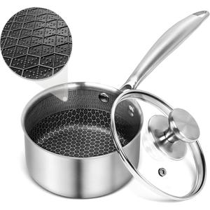 AuFranc Hybrid Nonstick 1 Quart Stainless Steel Saucepan with Glass Lid, Induction Sauce Pan with Honeycomb Carving, Non-stick Sauce Pot Compatible with All Cooktops, Dishwasher Safe, Non-Toxic
