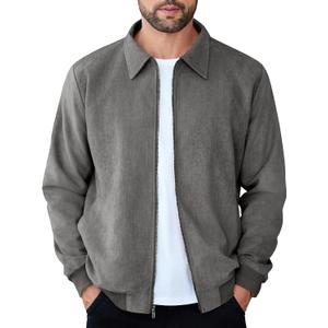 COOFANDY Men's Casual Suede Bomber Jacket Lightweight Full Zip Up Jackets Vintage Faux Leather Jacket (Gray, M)