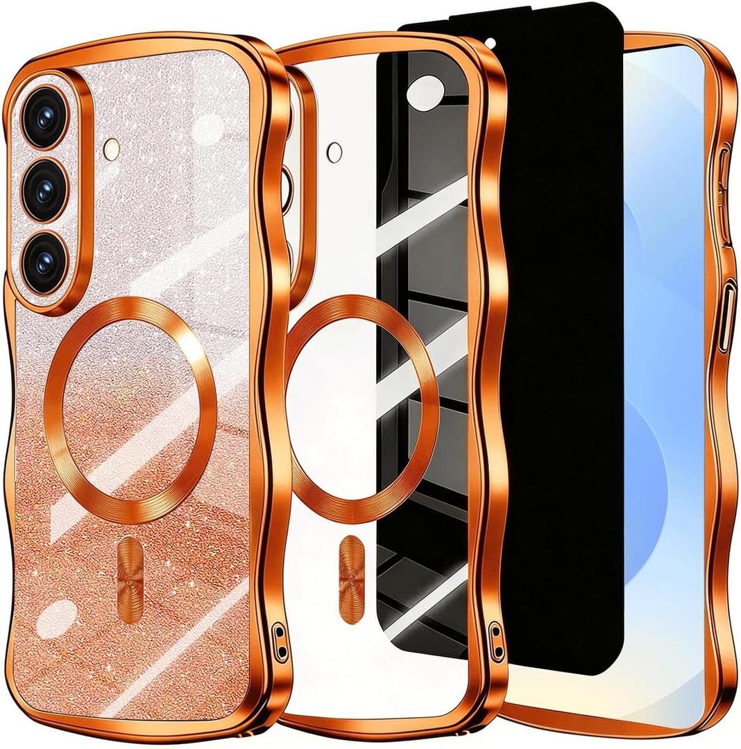 Glitter for Galaxy S26 Case with Camera Lens Protector,[Privacy Screen Protector] Bling Sparkle Protective Magnetic Phone Case for Women Shiny Gradient Cover for Galaxy S26 Orange