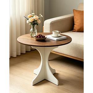 24inch Round Side Table, Mid Century Modern Accent End Table with Amber Wood Grain Tabletop & White Base for Living Room Bedroom Small Space, Farmhouse Coffee Nightstand Bedside, Easy Assembly