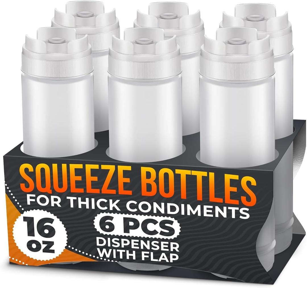 6 Pcs Condiment Squeeze Bottles 16 Oz - 9.2x2.44" Clear Bottles With Self-Closing Valve, Flexible, Easy to Clean and Fill - Dispenser for Sauces and Dressings