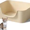 Low Entry Cat Litter Box with High Sides - Open-Top Anti-Splash, Durable Easy-Clean Pan for Kittens, Munchkin Cats, Senior Medium-Sized Cats & Small Pets (Rabbits), 19.3”x13.3”x7.8” Beige