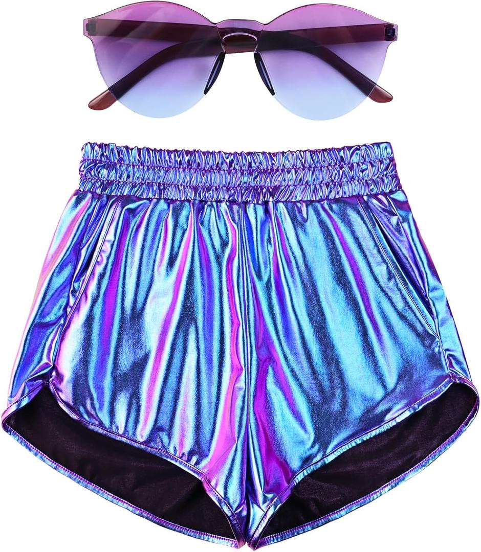 Mirawise Women's Metallic Shorts Summer Yoga Hot Shiny Sparkly Outfit Short Pants with Sunglasses (Medium, Mermaid-2)