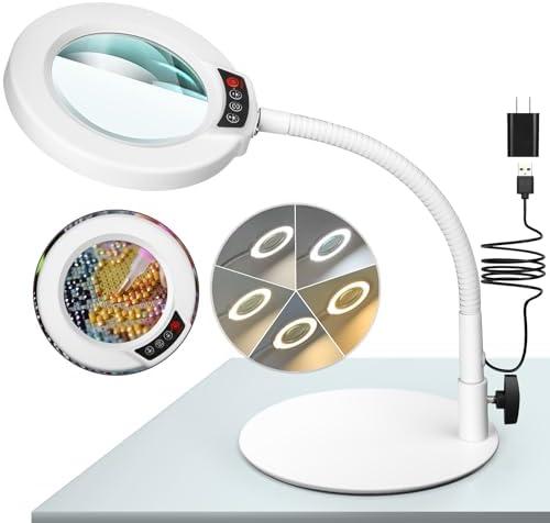 Krstlv 10X Magnifying Glass with Light and Stand, 5 Color Modes Stepless Dimmable LED Lighted Desk Lamp, Hands Free Flexible Gooseneck Magnifier with Light for Craft Hobby Painting Close Work - White (Missing Lamp)
