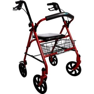 Healthline Trading Walker Rollator with 7.5" Four Wheels Fold Up Removable Back Support, Red