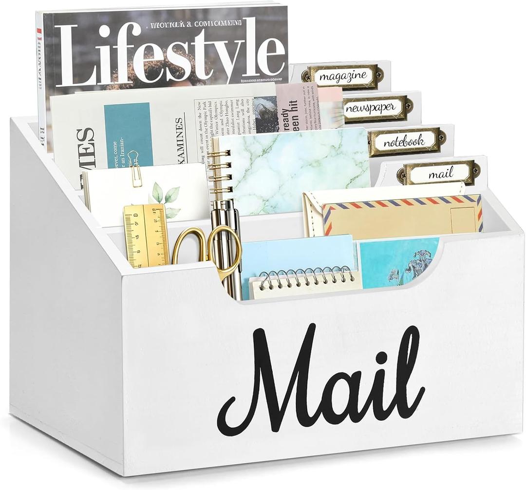 Rustic Wood Mail Organizer Countertop with 4 Slots, Black Mail Holder for Desk, Removable Dividers Mail Sorter, Letter Bill File Organizer for Home Office Classroom, Desktop Organizer with Free Labels