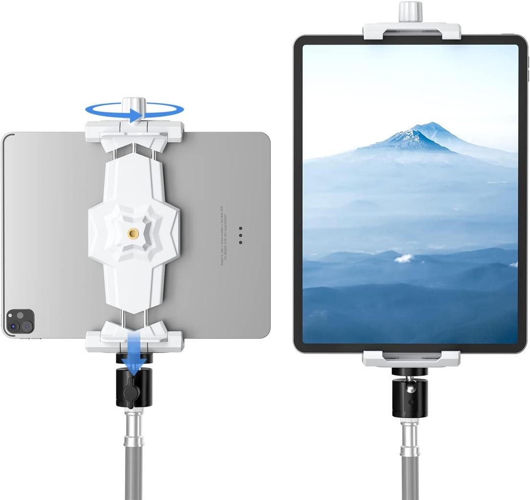 KDD iPad and Phone Tripod Mount Adapter with Ball Head, White Tablet Mount for Tripod, 360 Rotatable iPad Holder Clamp fit iPad Pro 12.9, Air Mini, Galaxy Tab, Surface Pro, Selfie (5.3-10.6)