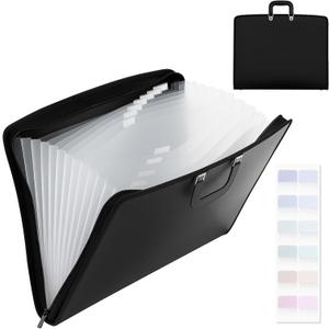 Dunzoom 1 Pack 11 x 17 Art Portfolios, Expanding File Organizer with 13 Pocket for Artwork, Painting Document Binder with Handle, Zipper and 120 Pcs Sticky Labels, Oxford Cloth Edge (Black)