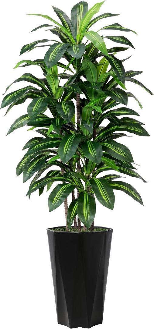 Artificial Dracaena Tree 5FT - Faux Plant with Black Diamond Planter - Tall Fake Tropical Yucca Floor Plant Potted - Artificial Silk Tree for Home Office Living Room Decor Indoor