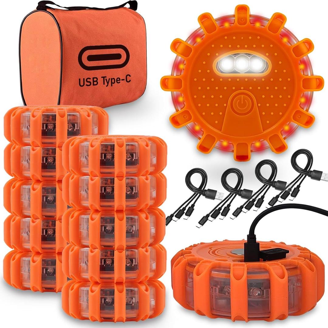 USB-C Rechargeable LED Road Flares Emergency Lights-Large Capacity (Lithium Battery) 3 in 1 Cable Roadside Warning Car Safety Beacon Flashing Disc Flare Kit with Magnetic Base for Vehicles