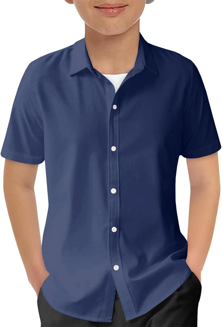 Haloumoning Boys Short Sleeve Dress Shirts Kids Summer School Uniform Button Down Shirt 160 (Navy Blue)