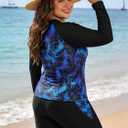 SHEKINI Women's Plus Size Two Piece Rash Guard Long Sleeve Swimsuit Shirt with Build in Bra & Boyshort (Blue, XXXL)