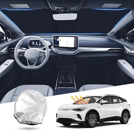 Windshield Sun Shade for Volkswagen ID.4 2021-2024 2025 Front Window Sun Shade Foldable Sun Shield Sun Visor Cover Block Heat and Sun Protection, Silver/Black