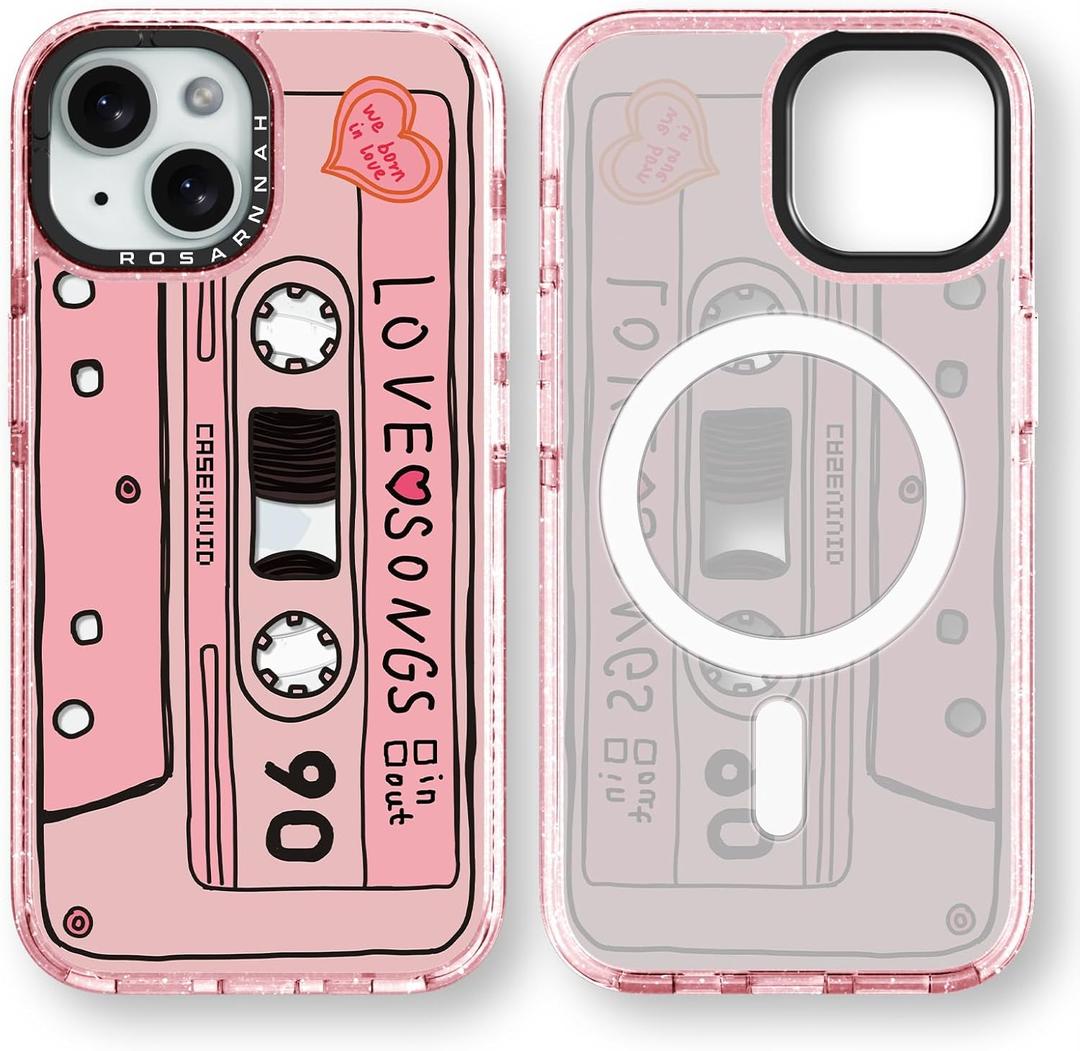 for iPhone 15 Case Cute - Compatible with Magsafe - Durable Shockproof 6.6 ft Drop Impact Phone Case - Funny Cassette Tape Design (6.1") Glitter Pink