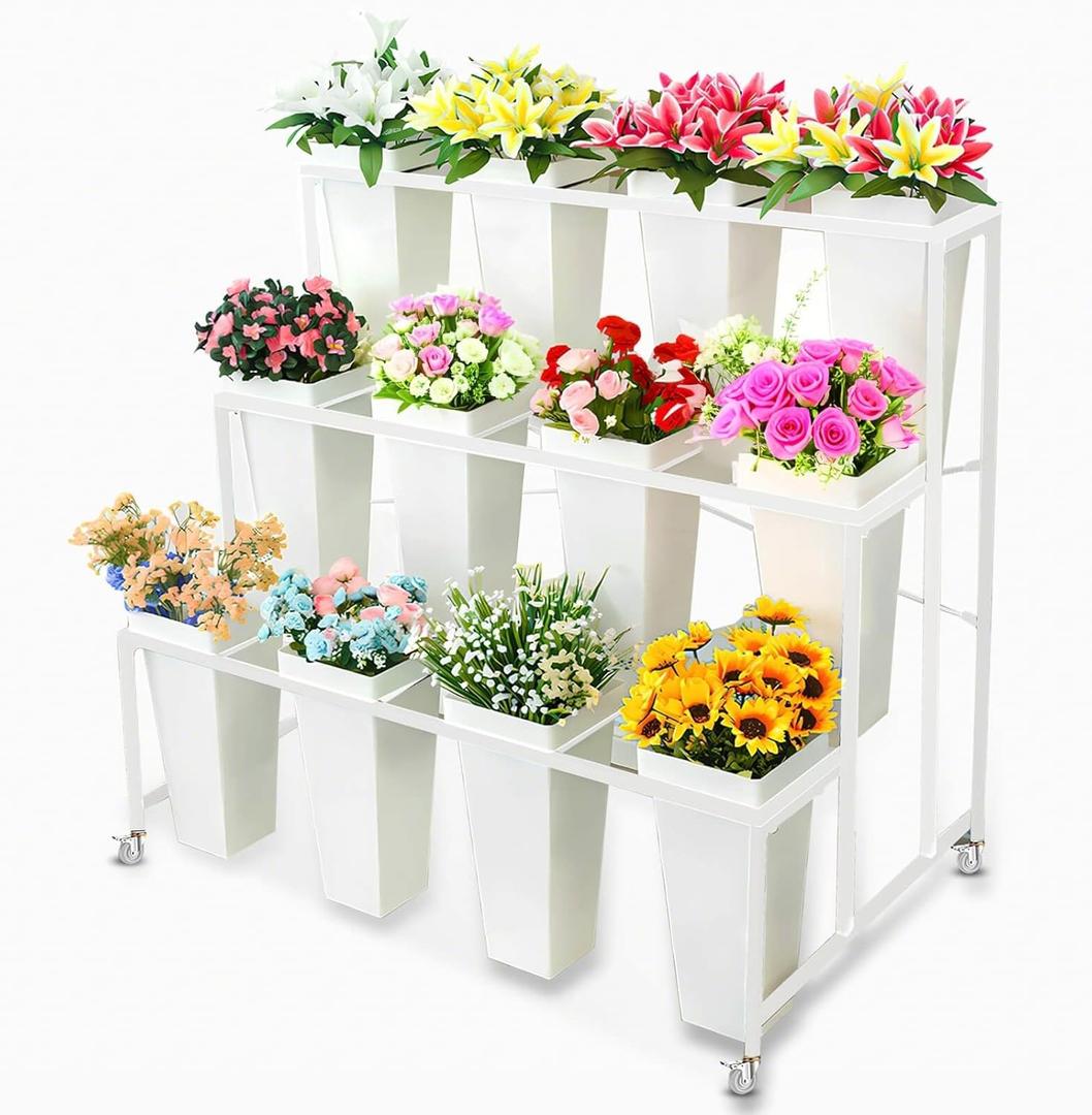 Flower Display Stand with Buckets,3-Tier Flower Stand,Heavy Duty flower stand display for Indoor Flower Bar,Flower Shop,Outdoor Flower Pop-Up Events flower holder (White)