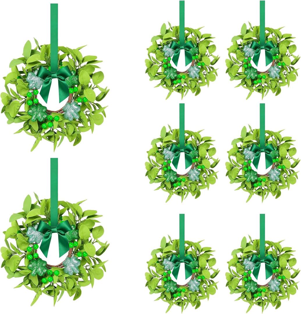 St. Patrick's Day Small Candle Rings, 8 Pcs Shamrock Wreaths with Glitter Shamrock Clovers for Table Centerpieces, Front Door, Wall, Window Indoor Outdoor Holiday Decor