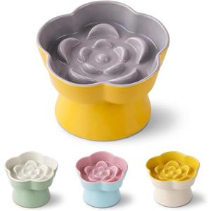 Ceramic Elevated Slow Feeder Cat Bowl, Raised and Gently Tilted Feeding Dish with Maze Design, Whisker-Friendly, Easy to Clean, for Indoor Cats and Small Dogs (Yellow/Purple)