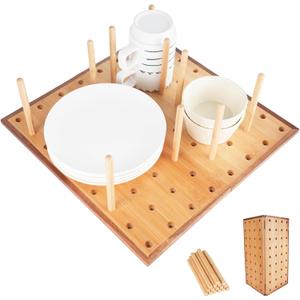 Foldable Pegboard Organizer for Kitchen Bamboo Base & Acacia Wood Edge Dish Rack for Kitchen Countertop, Cabinet, and Drawer, 16 Removable Pegs, 15.7" x 15.7"